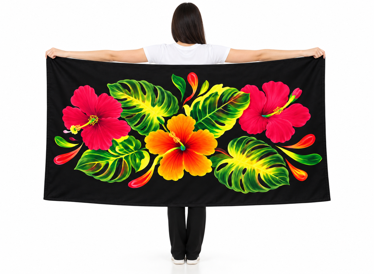 Womens Lava Lava/Sarong-Black Leaf