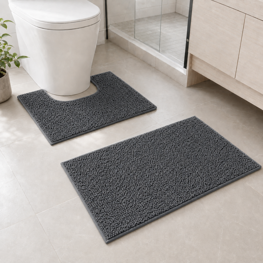Grey 2-Piece Toilet Mat Set