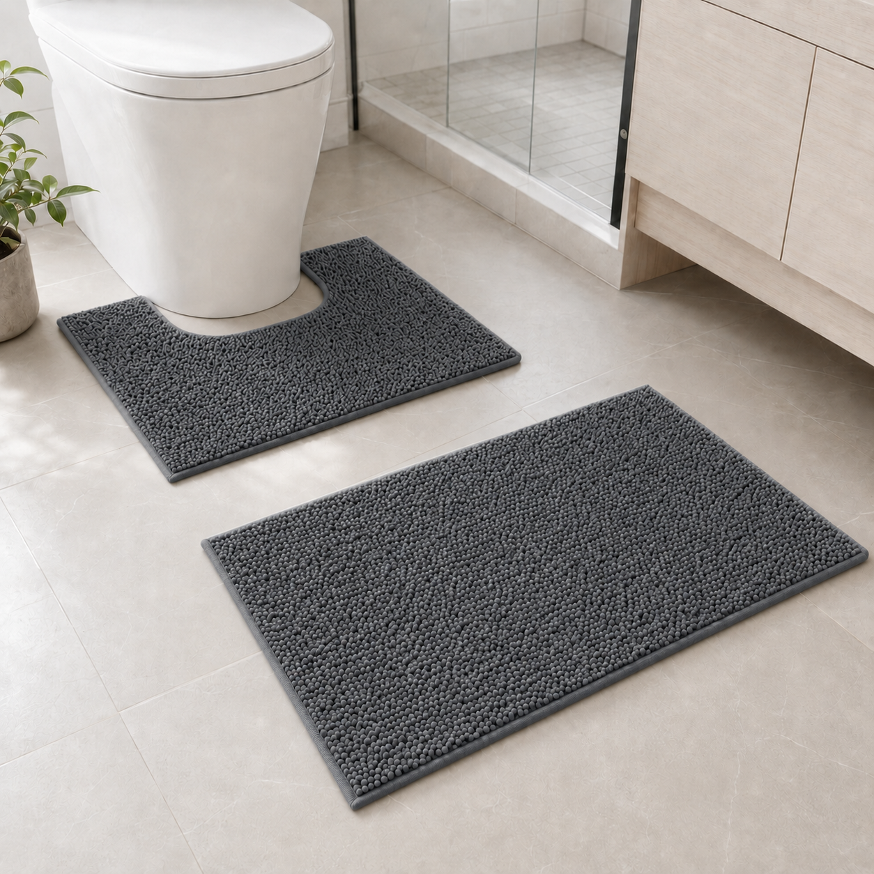 Grey 2-Piece Toilet Mat Set